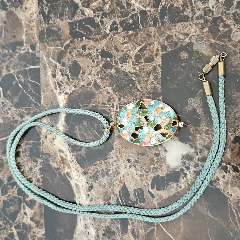 VINTAGE Cloisonné Floral Teal Pink Pendant Necklace